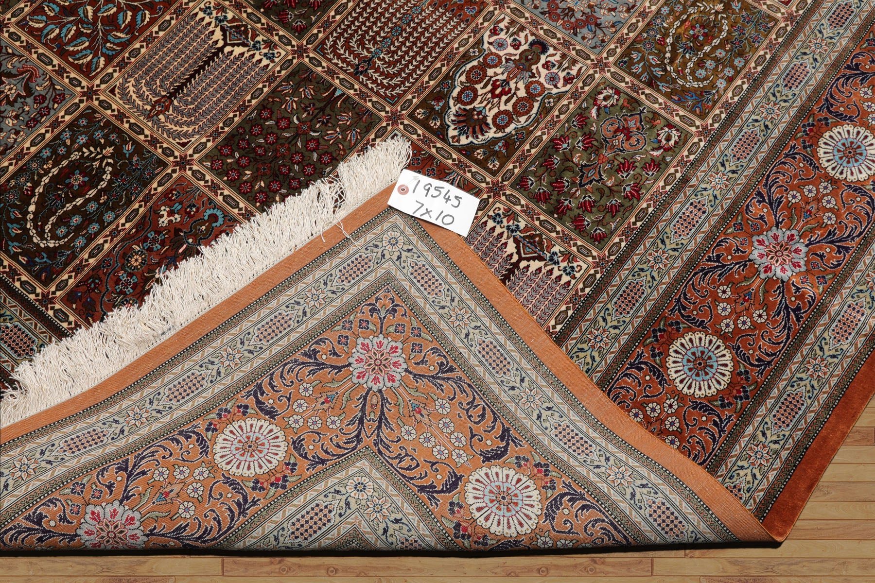 7x10 Caramel, Ivory, Green Color Hand Knotted Qum All Silk Silk Traditional Oriental Rug