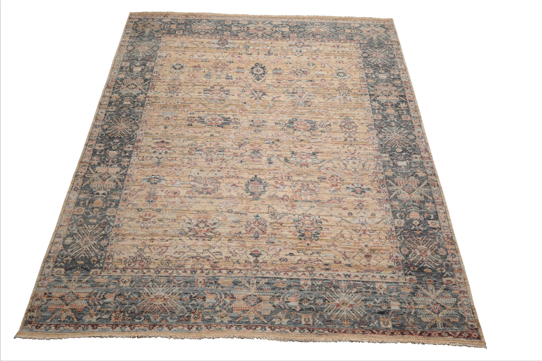 8x10 Beige, Tan, Rose Color Hand Knotted Distressed Wool Traditional Oriental Rug