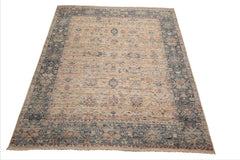 8x10 Beige, Tan, Rose Color Hand Knotted Distressed Wool Traditional Oriental Rug