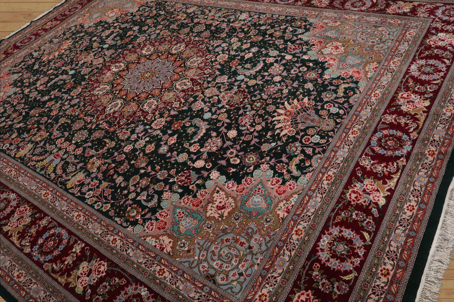 9x12 Emerald, Burgundy, Aqua Color Hand Knotted Sino Persian Wool & Silk Traditional Oriental Rug