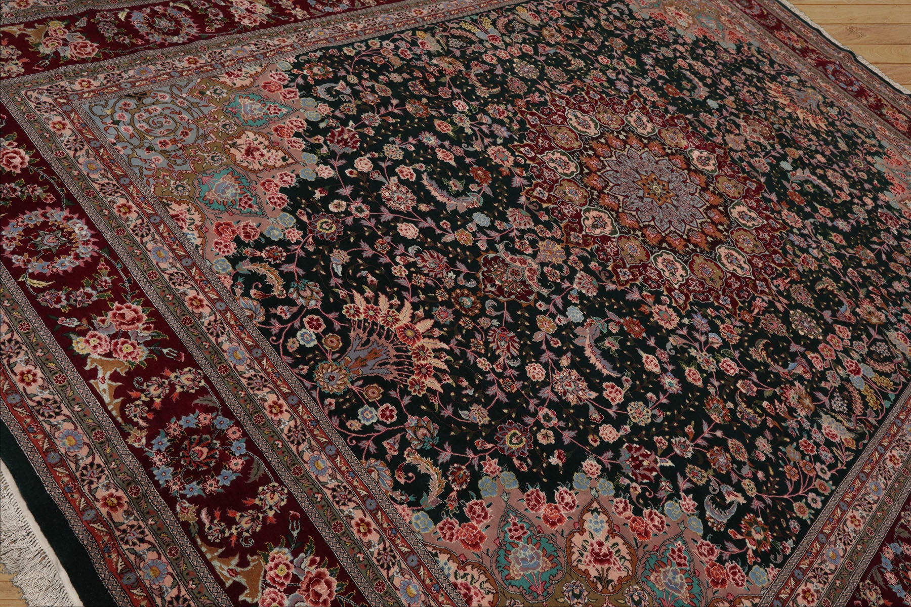 9x12 Emerald, Burgundy, Aqua Color Hand Knotted Sino Persian Wool & Silk Traditional Oriental Rug