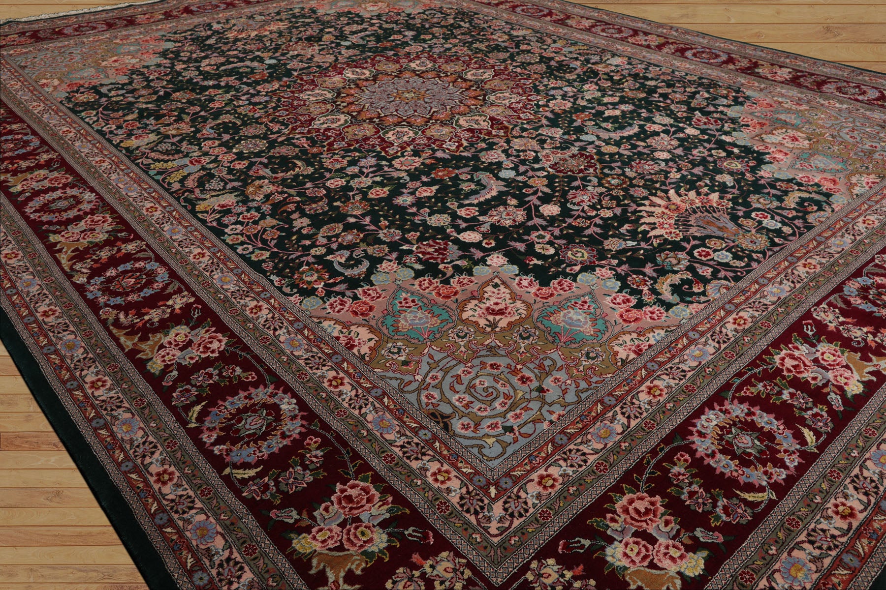 9x12 Emerald, Burgundy, Aqua Color Hand Knotted Sino Persian Wool & Silk Traditional Oriental Rug