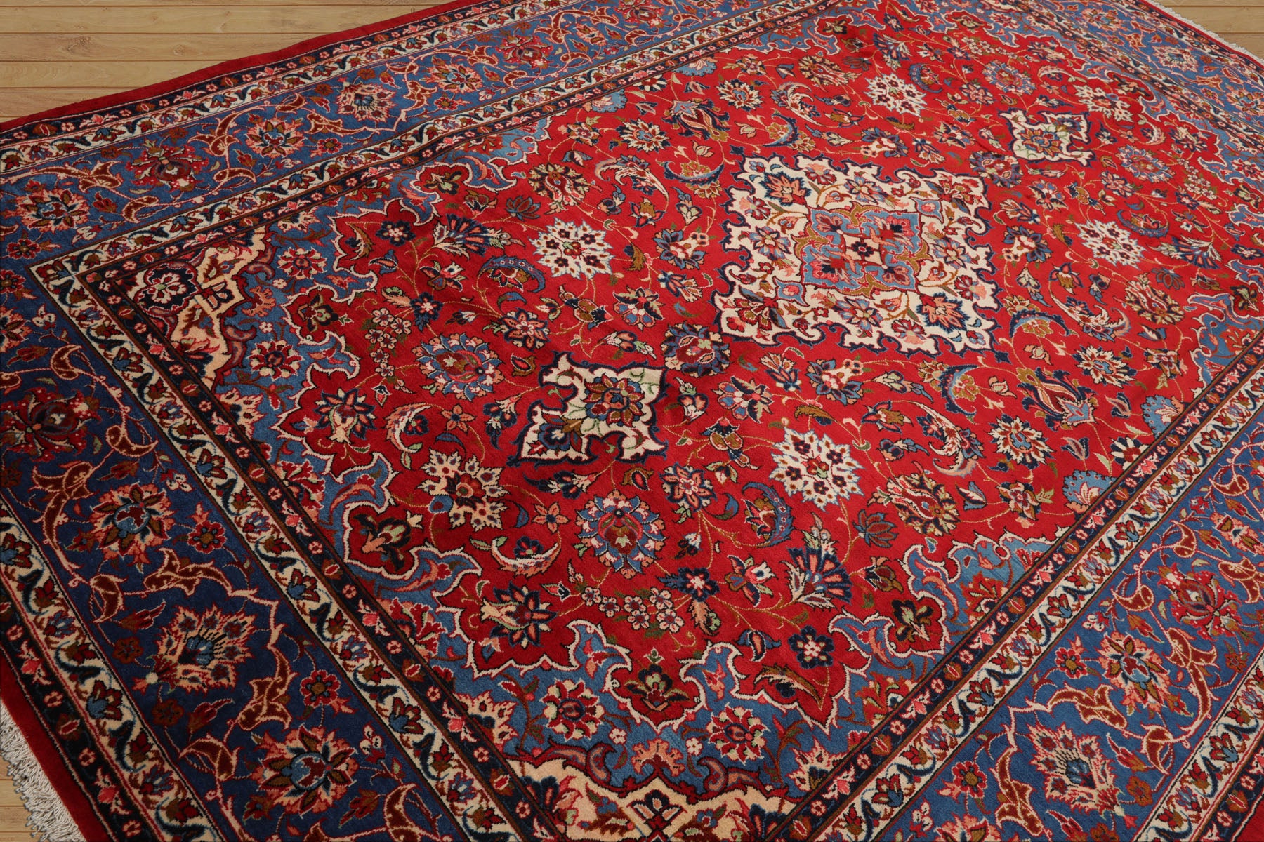7x10 Red, Blue, Navy Color Hand Knotted Isfahan Wool Traditional Oriental Rug