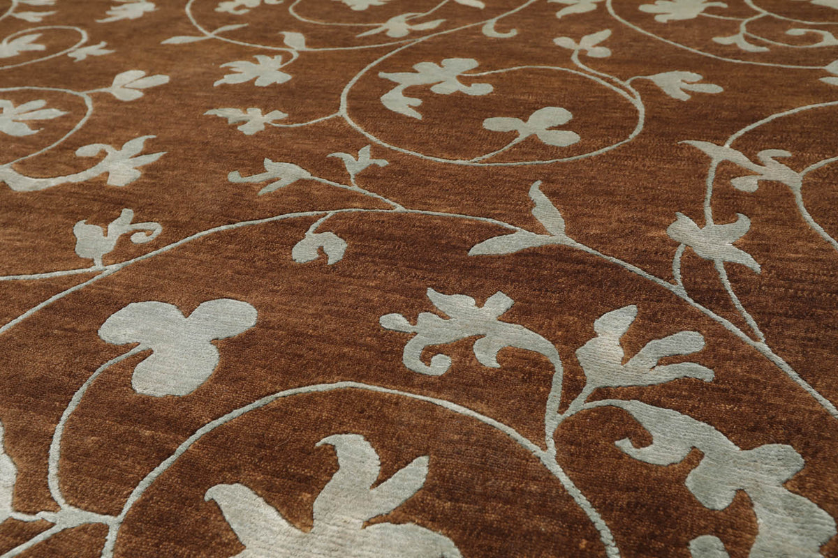 8x10 Brown, Bluish Gray, Color Hand Knotted Floral 100% Wool Transitional Oriental Rug