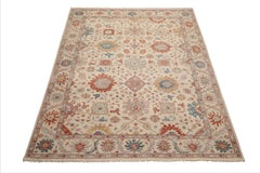 8x10 Beige, Rose, Gray Color Hand Knotted Distressed Wool Traditional Oriental Rug