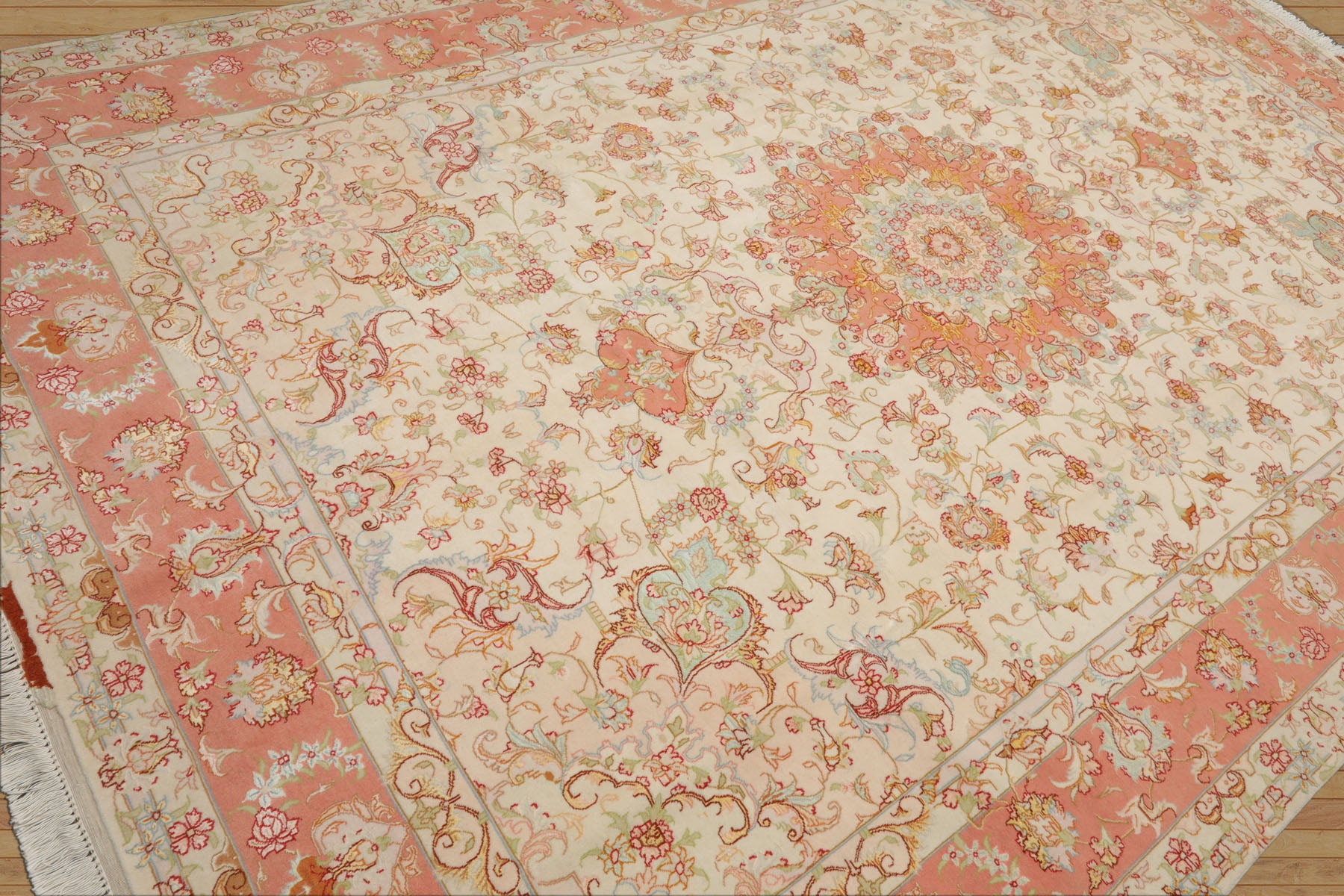 6x10 Ivory, Rose, Lime Color Hand Knotted Tabriz Wool & Silk Traditional Oriental Rug
