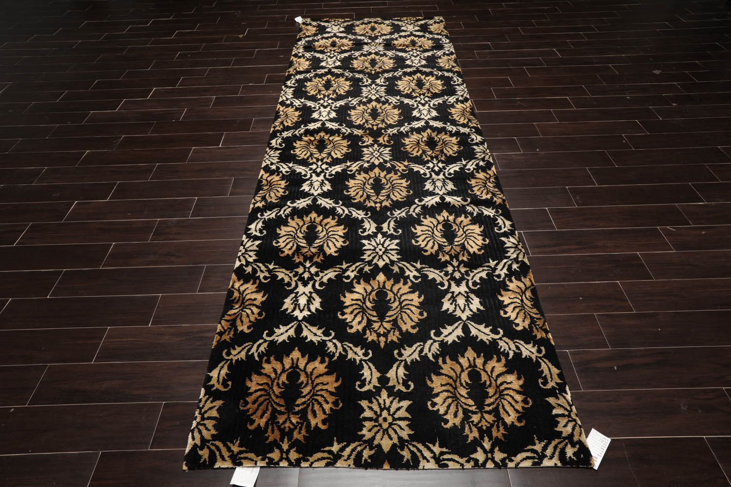 Runner Black, Gold, Beige Color Hand Knotted All-Over 100% Wool Transitional Oriental Rug