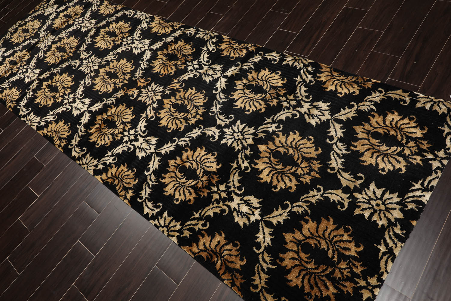 Runner Black, Gold, Beige Color Hand Knotted All-Over 100% Wool Transitional Oriental Rug