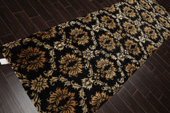 Runner Black, Gold, Beige Color Hand Knotted All-Over 100% Wool Transitional Oriental Rug