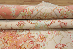 6x10 Ivory, Rose, Lime Color Hand Knotted Tabriz Wool & Silk Traditional Oriental Rug