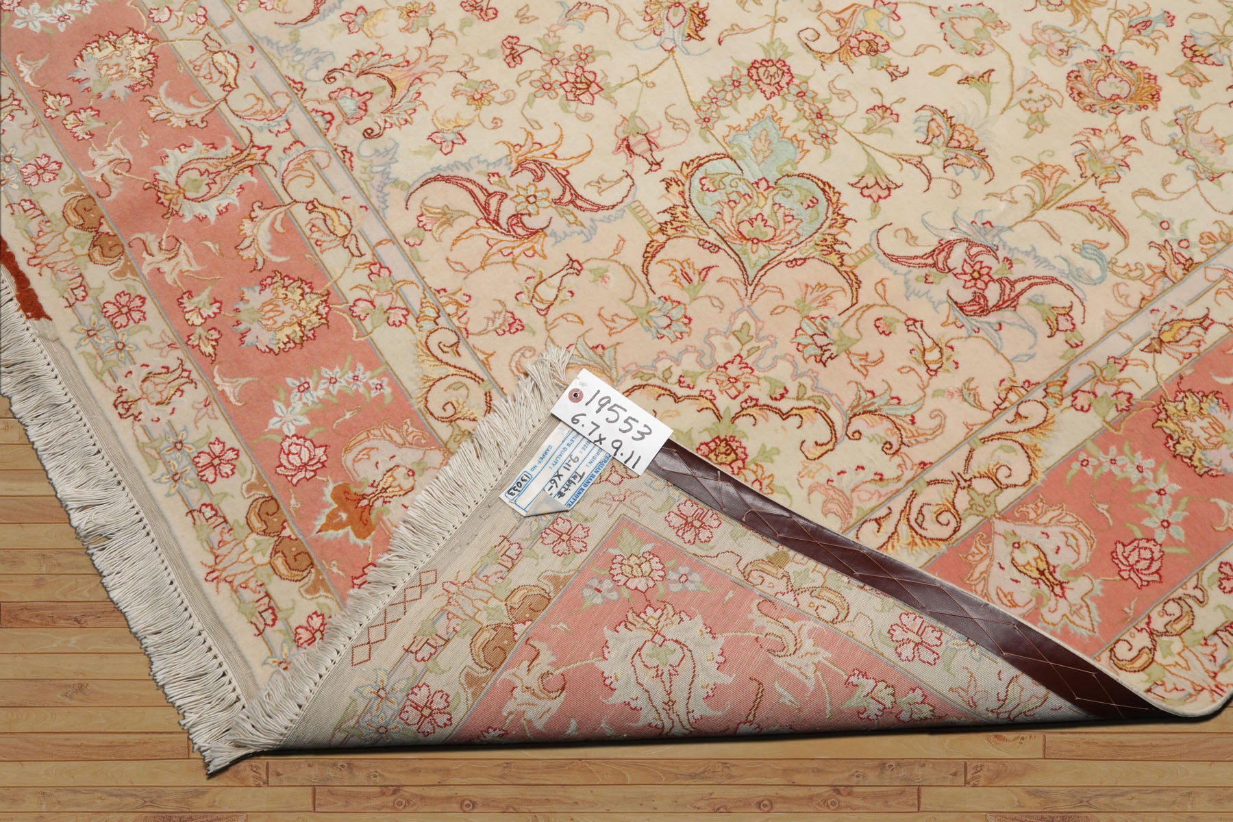 6x10 Ivory, Rose, Lime Color Hand Knotted Tabriz Wool & Silk Traditional Oriental Rug