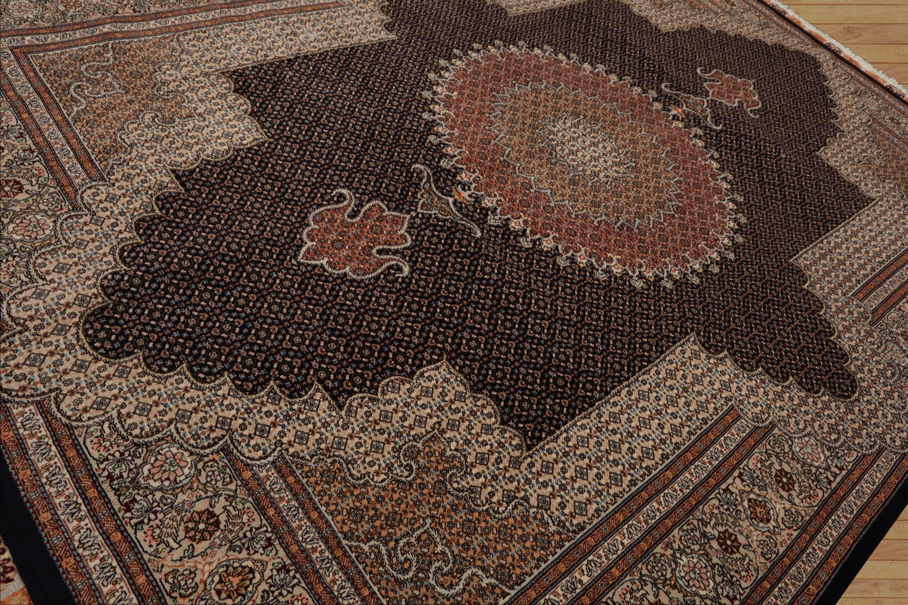 8x11 Midnight Blue, Ivory, Rose Color Hand Knotted Tabriz Wool Traditional Oriental Rug