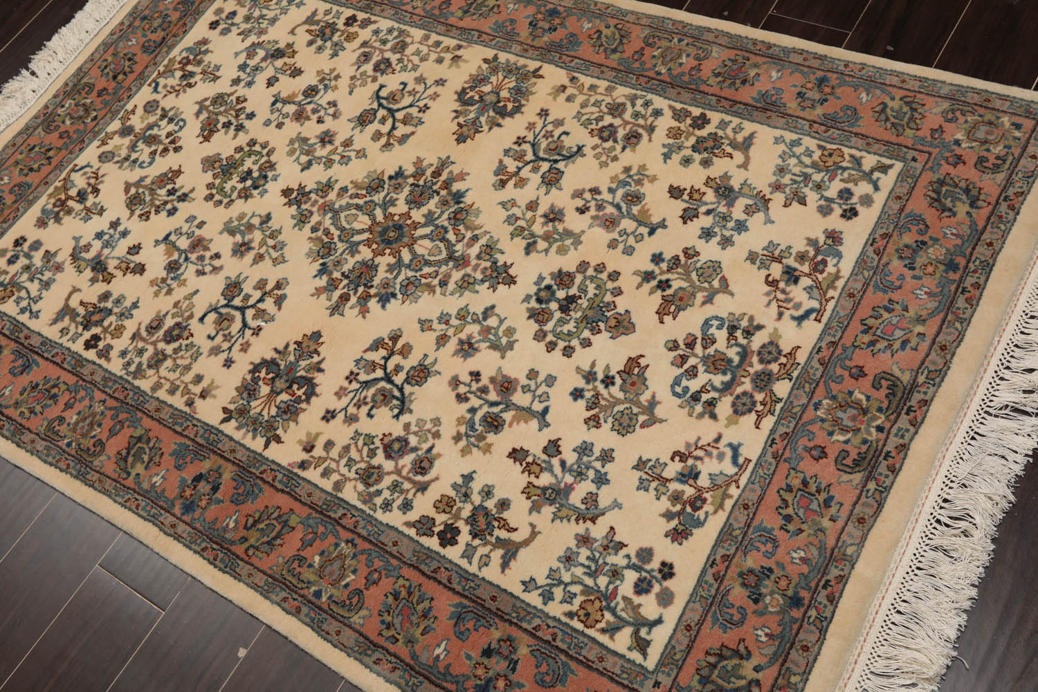 4x6 Ivory, Rose, Blue Color Hand Knotted All-Over 100% Wool Traditional Oriental Rug