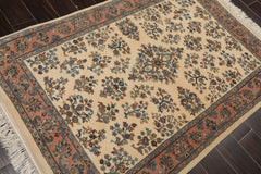 4x6 Ivory, Rose, Blue Color Hand Knotted All-Over 100% Wool Traditional Oriental Rug
