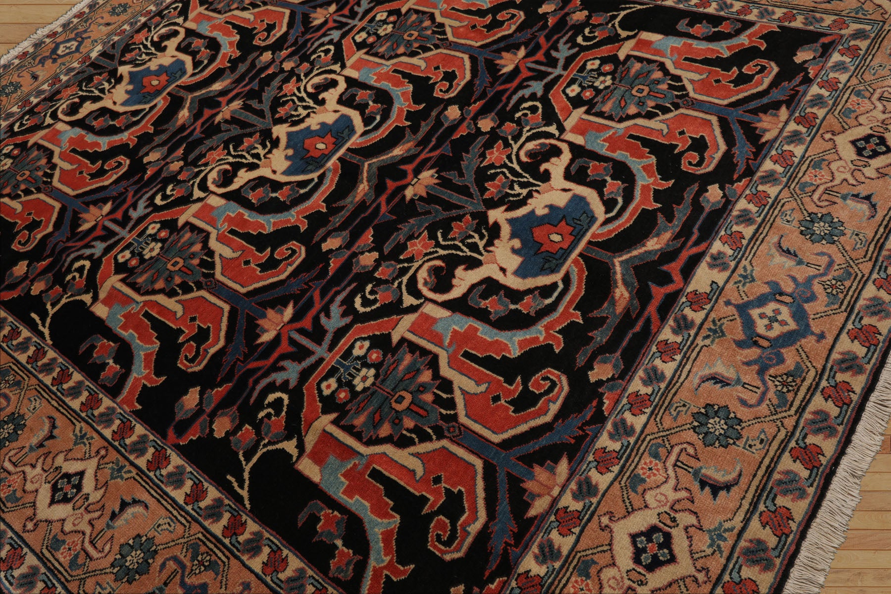 8x9 Charcoal, Coral, Peach Color Hand Knotted Heriz Wool Traditional Oriental Rug