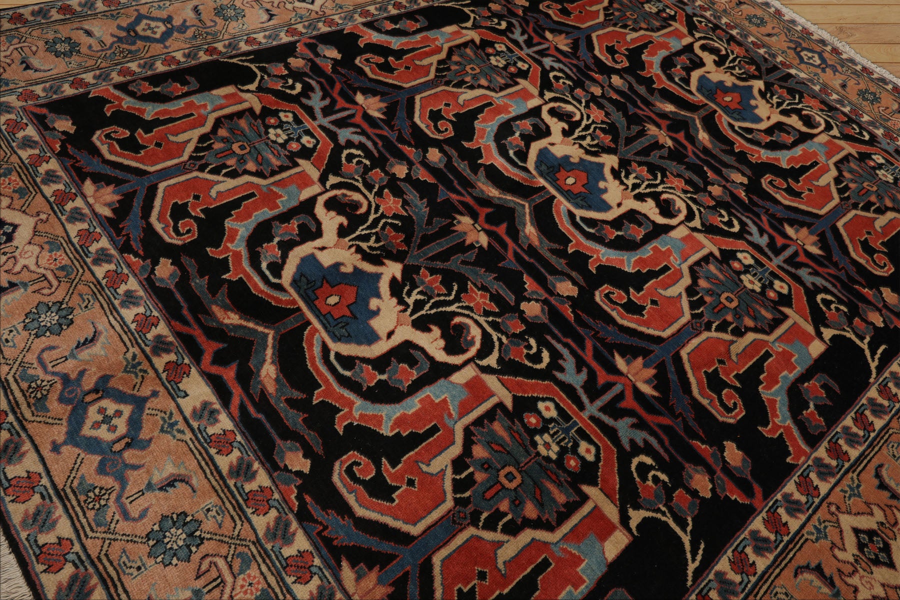 8x9 Charcoal, Coral, Peach Color Hand Knotted Heriz Wool Traditional Oriental Rug