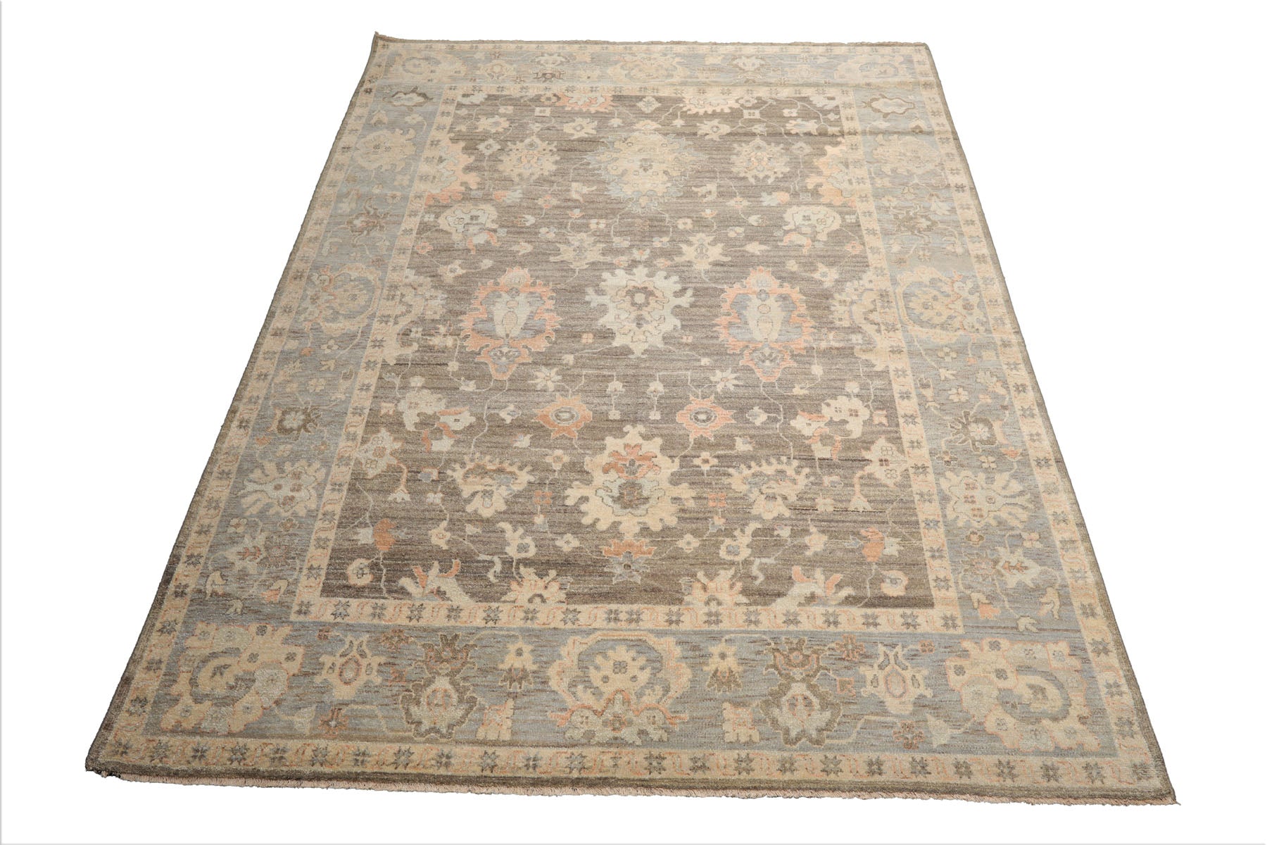 9x12 Brown, Slate, Peach Color Hand Knotted Afghan Oushak Wool Traditional Oriental Rug