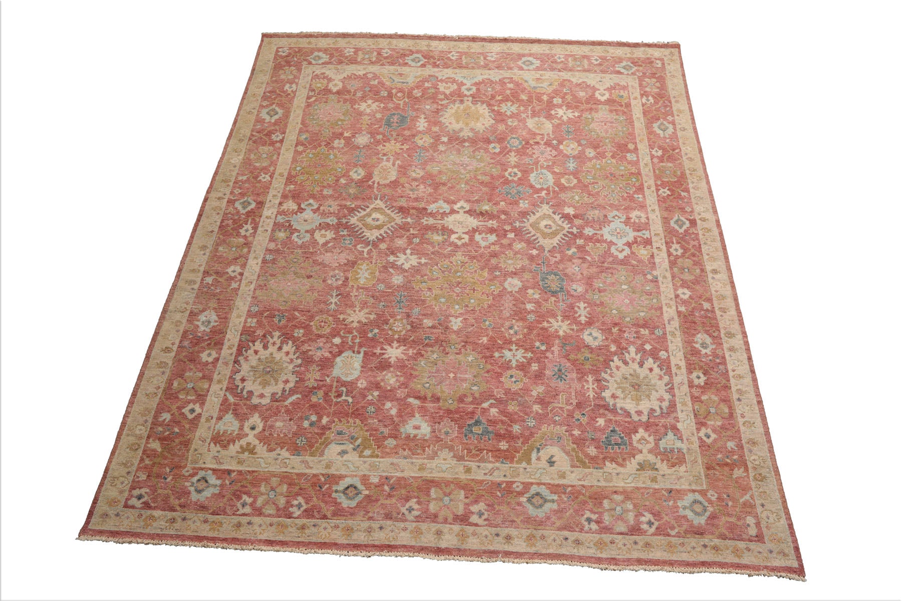 8x10 Rose, Beige, Mint Color Hand Knotted Distressed Wool Traditional Oriental Rug
