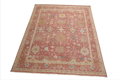 8x10 Rose, Beige, Mint Color Hand Knotted Distressed Wool Traditional Oriental Rug