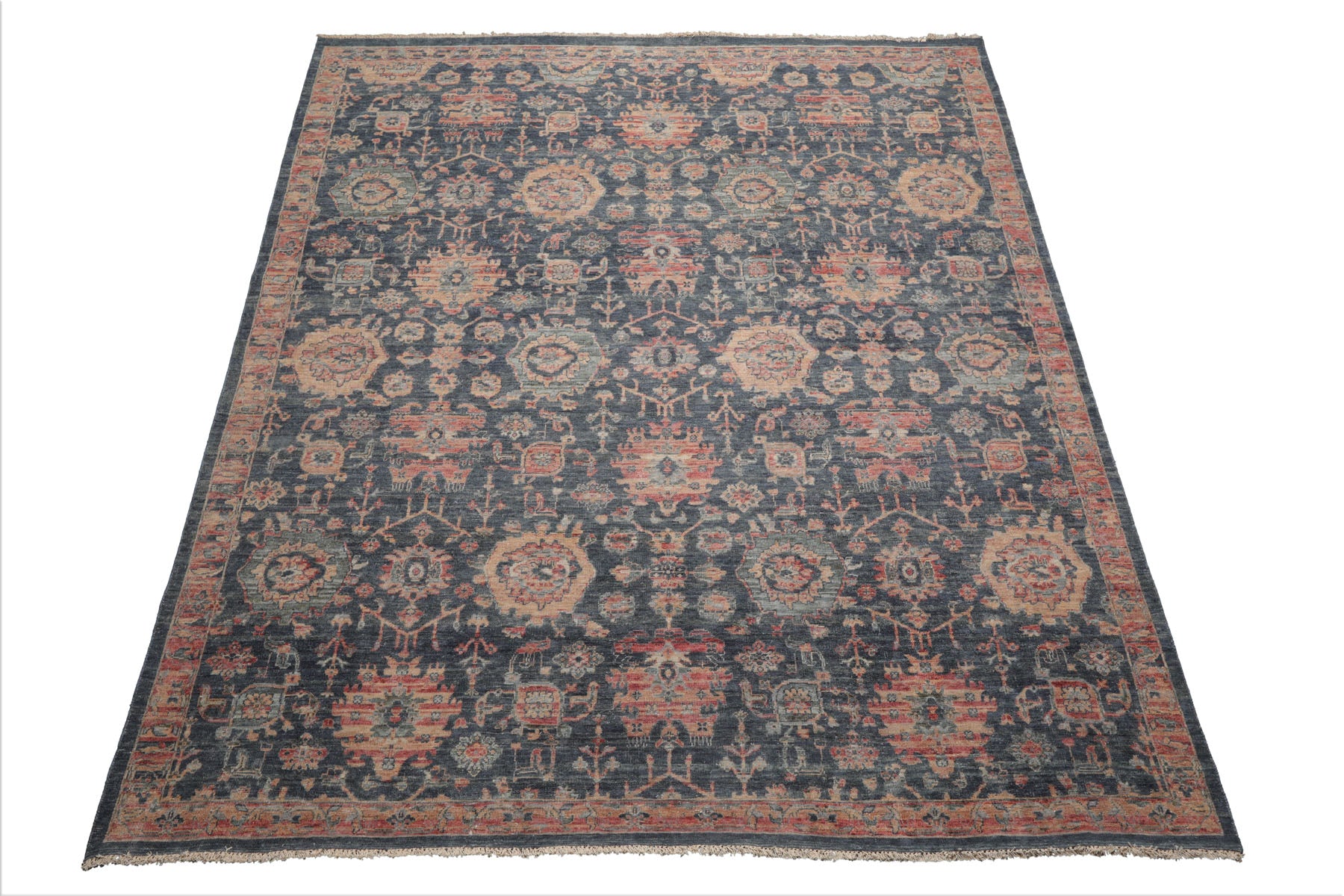 8x10 Slate, Rose, Rust Color Hand Knotted Distressed Wool Traditional Oriental Rug
