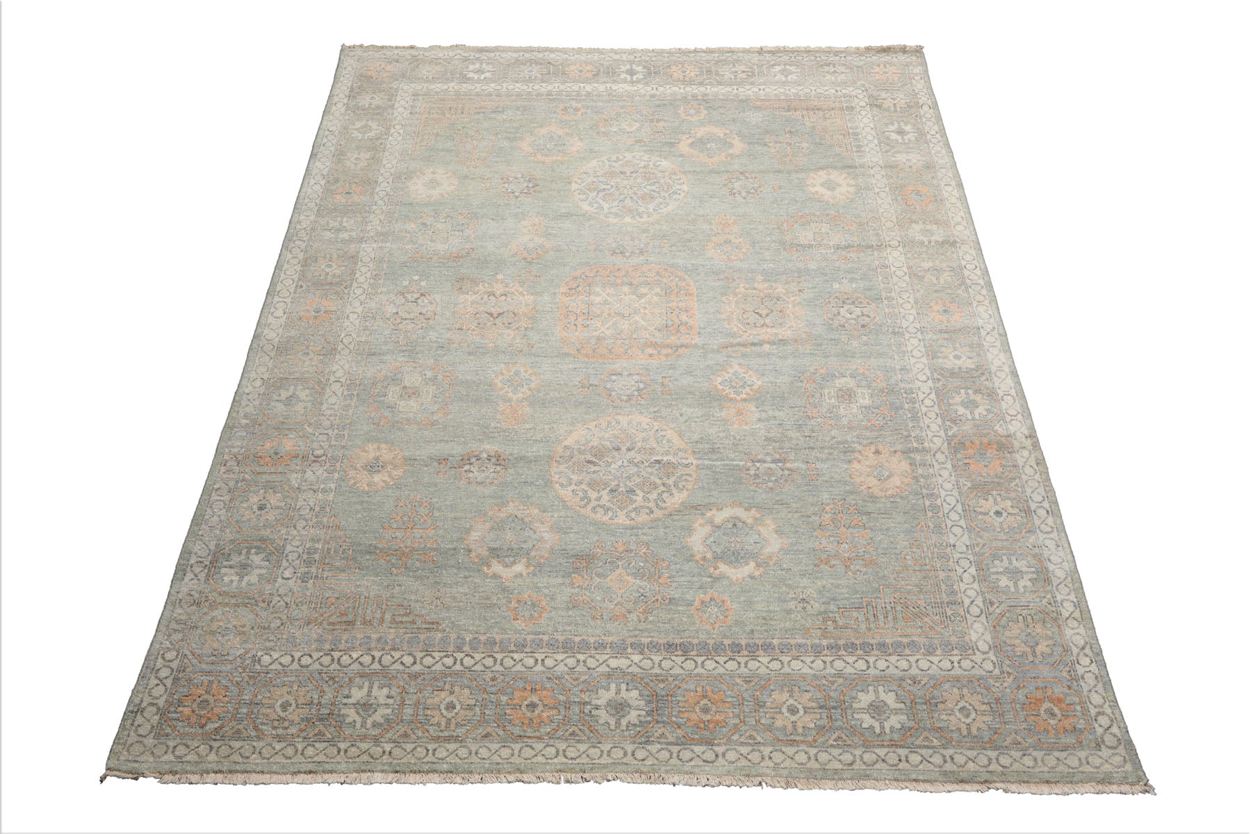8x10 Mint, Peach, Gray Color Hand Knotted Afghan Oushak Wool Traditional Oriental Rug