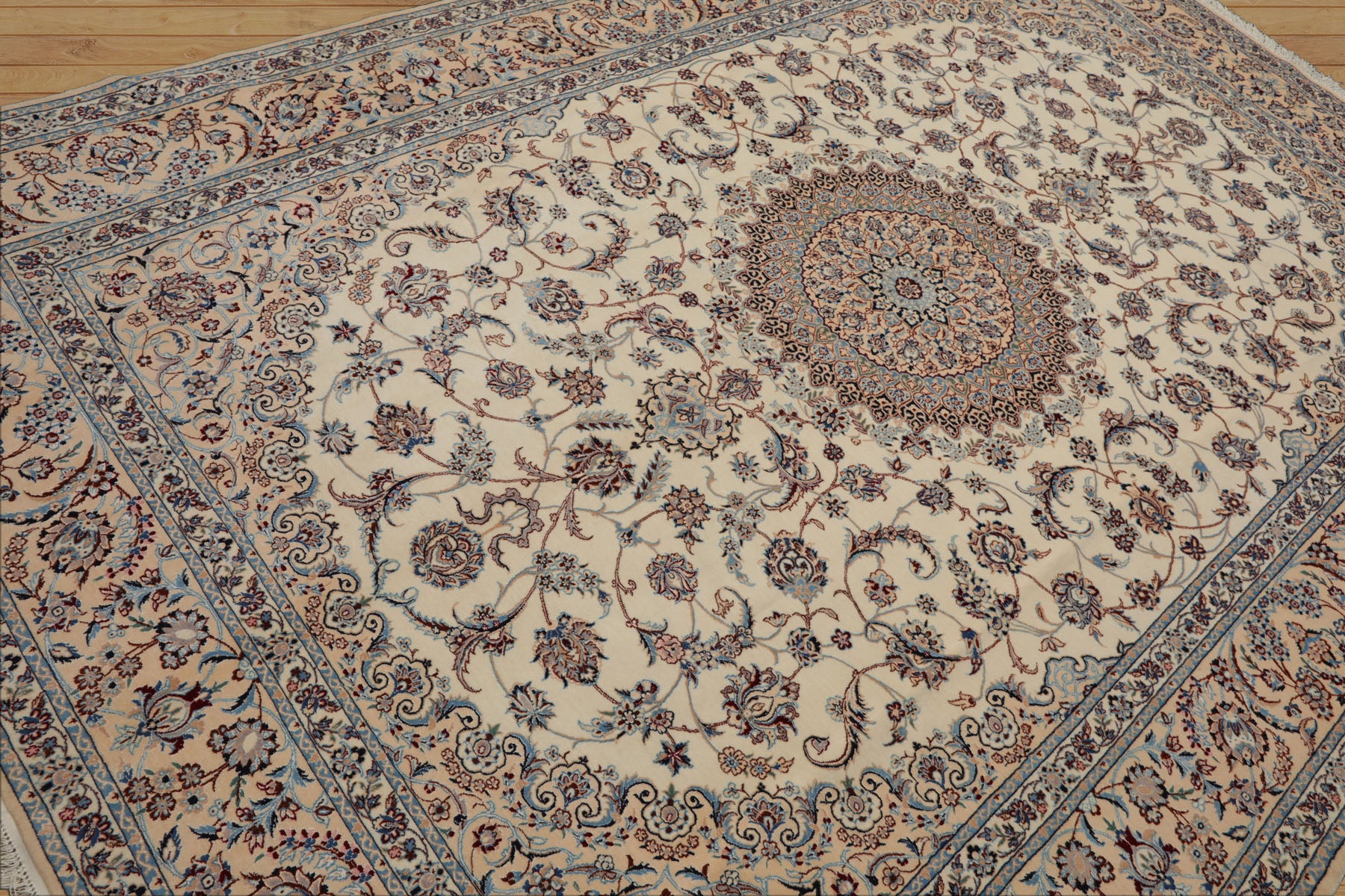 7x10 Ivory, Peach, Blue Color Hand Knotted Nain Wool & Silk Traditional Oriental Rug