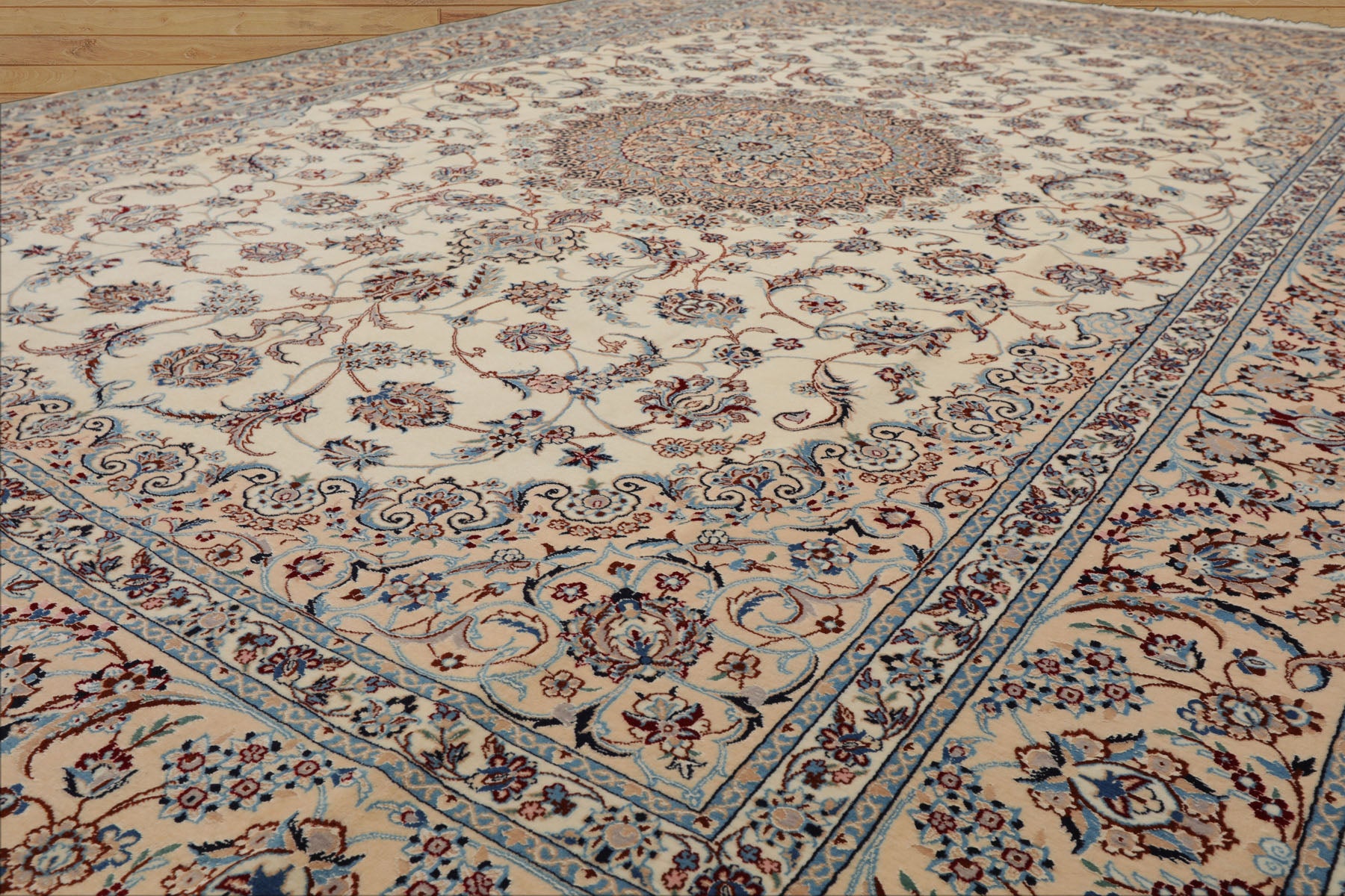 7x10 Ivory, Peach, Blue Color Hand Knotted Nain Wool & Silk Traditional Oriental Rug
