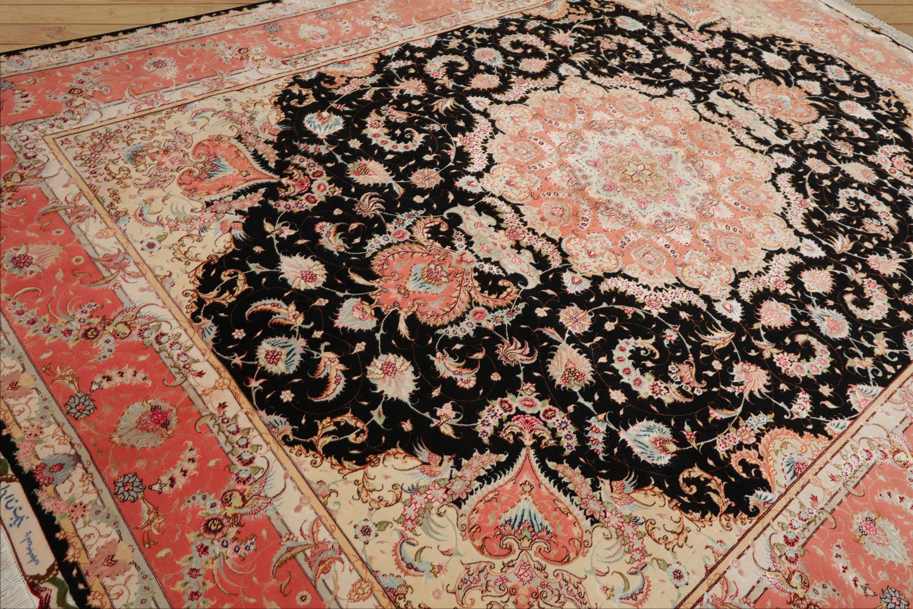 8x11 Black, Rose, Ivory Color Hand Knotted Tabriz Wool & Silk Traditional Oriental Rug
