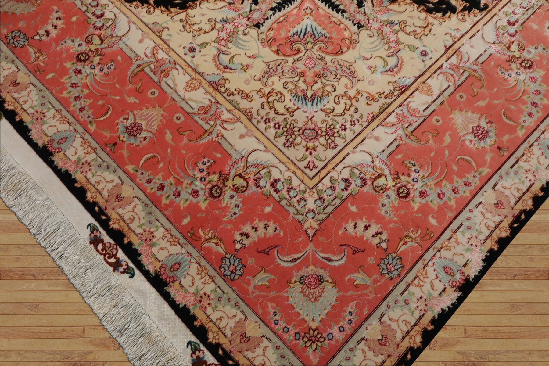 8x11 Black, Rose, Ivory Color Hand Knotted Tabriz Wool & Silk Traditional Oriental Rug