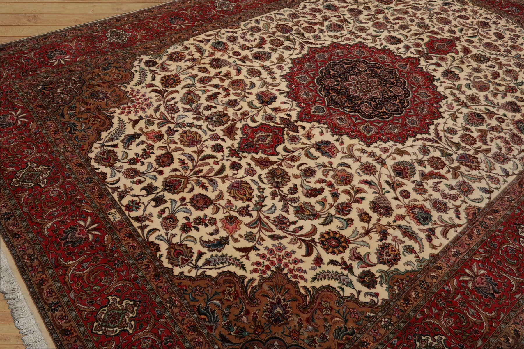 8x12 Ivory, Rose, Tan Color Hand Knotted Tabriz Wool Traditional Oriental Rug