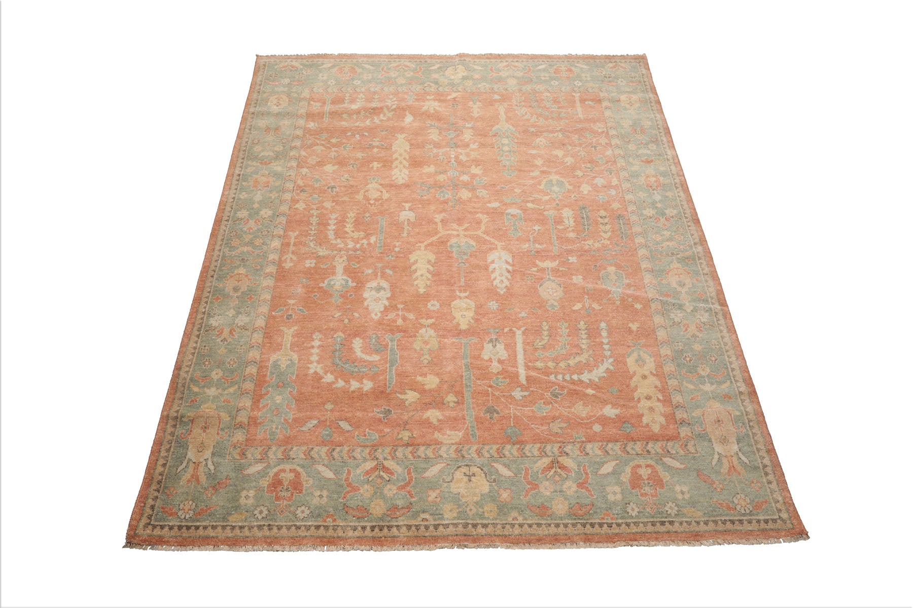 8x10 Orange, Sage, Gold Color Hand Knotted Distressed Wool Traditional Oriental Rug
