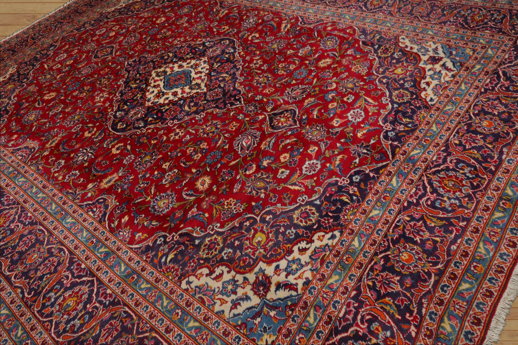 9x13 Red, Indigo, Ivory Color Hand Knotted Kashan Wool Traditional Oriental Rug