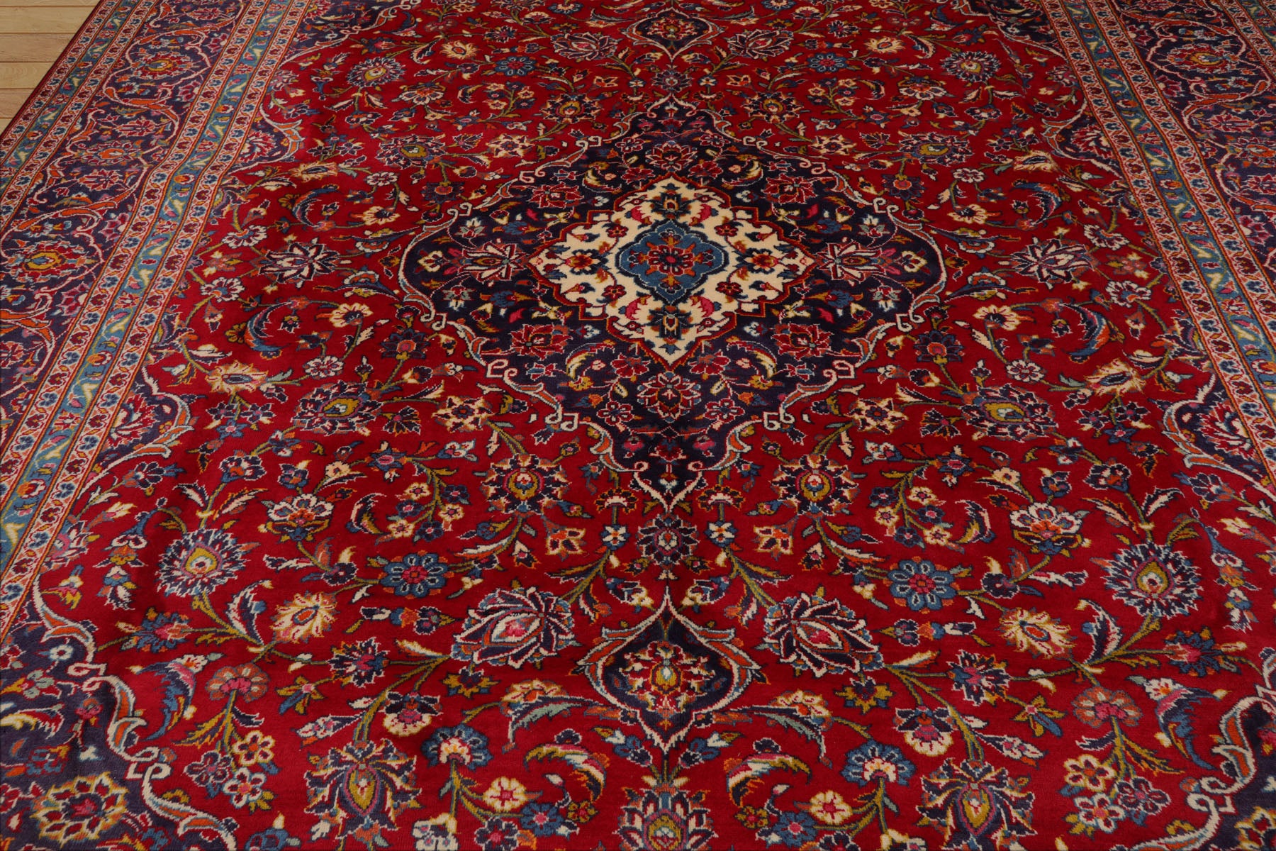 9x13 Red, Indigo, Ivory Color Hand Knotted Kashan Wool Traditional Oriental Rug