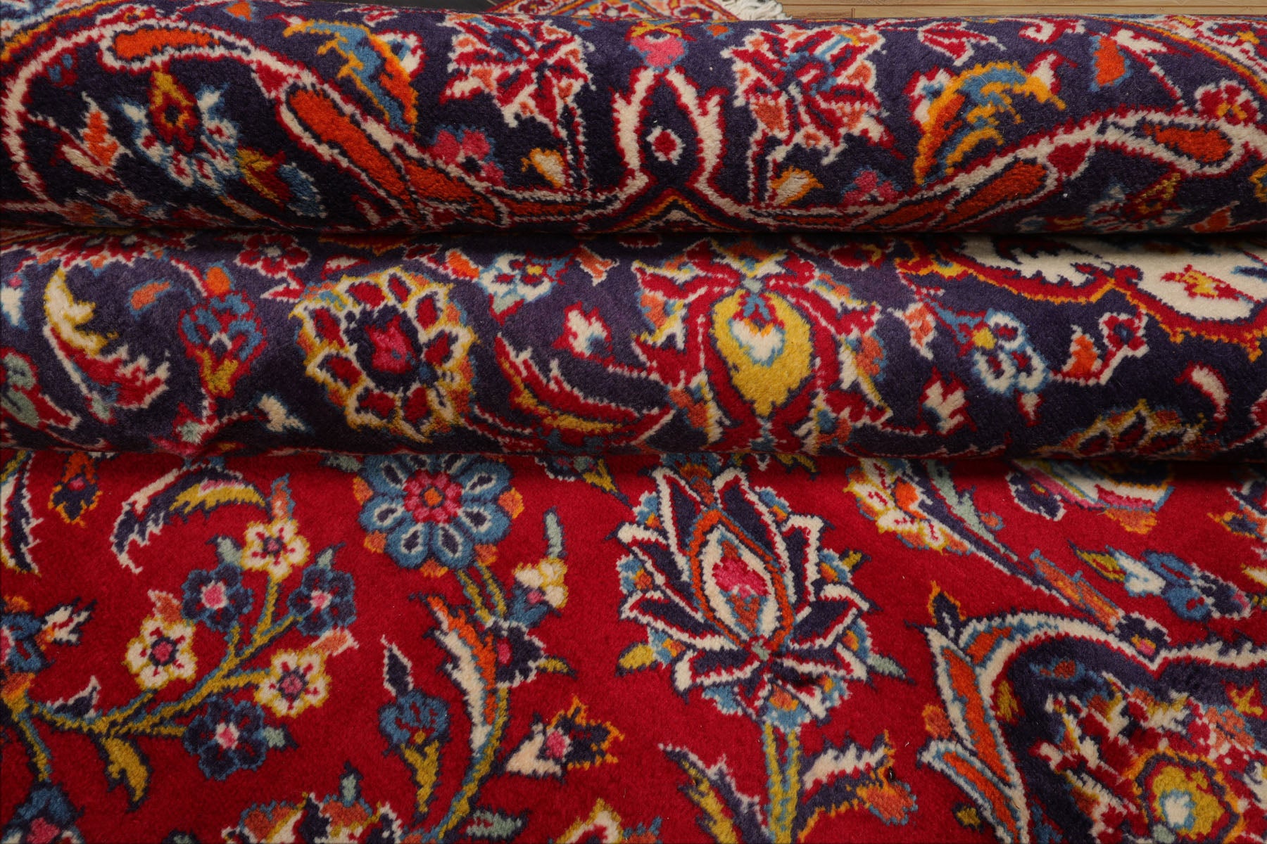 9x13 Red, Indigo, Ivory Color Hand Knotted Kashan Wool Traditional Oriental Rug