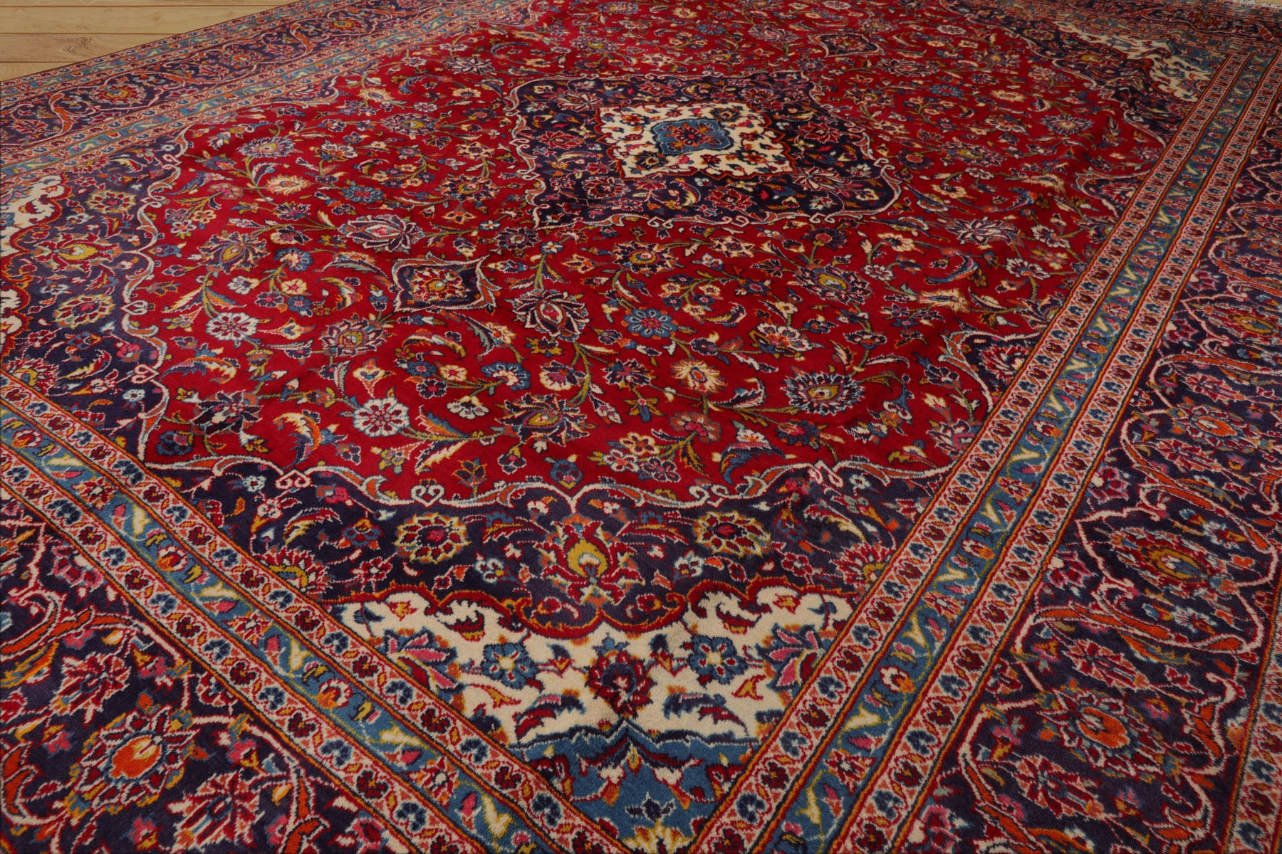9x13 Red, Indigo, Ivory Color Hand Knotted Kashan Wool Traditional Oriental Rug