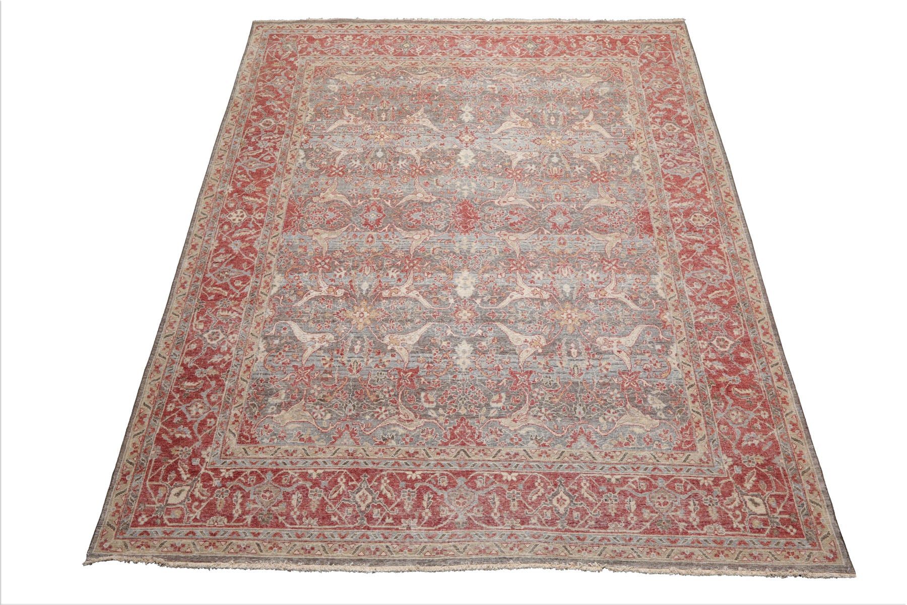 8x10 Gray, Coral, Beige Color Hand Knotted Distressed Wool Traditional Oriental Rug