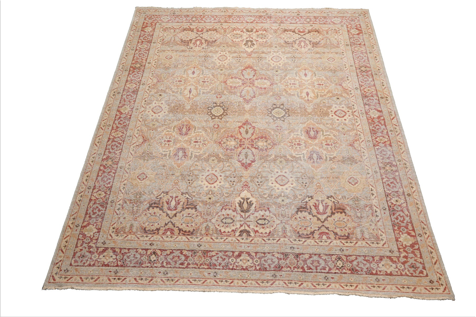 8x10 Gray, Rust, Celadon Color Hand Knotted Distressed Wool Traditional Oriental Rug