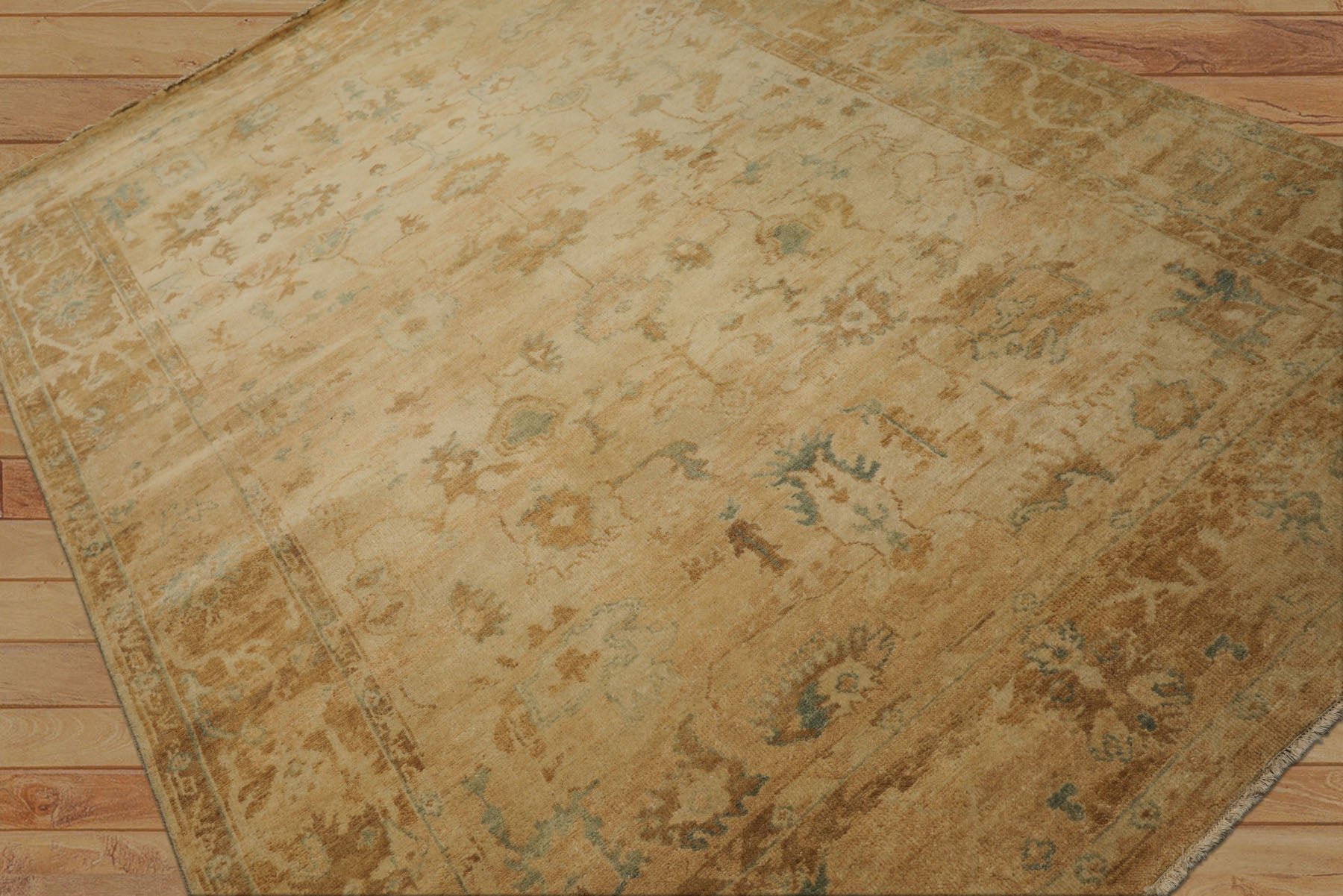 6x9 Beige, Gold, Mint Color Hand Knotted Oushak Wool Traditional Oriental Rug