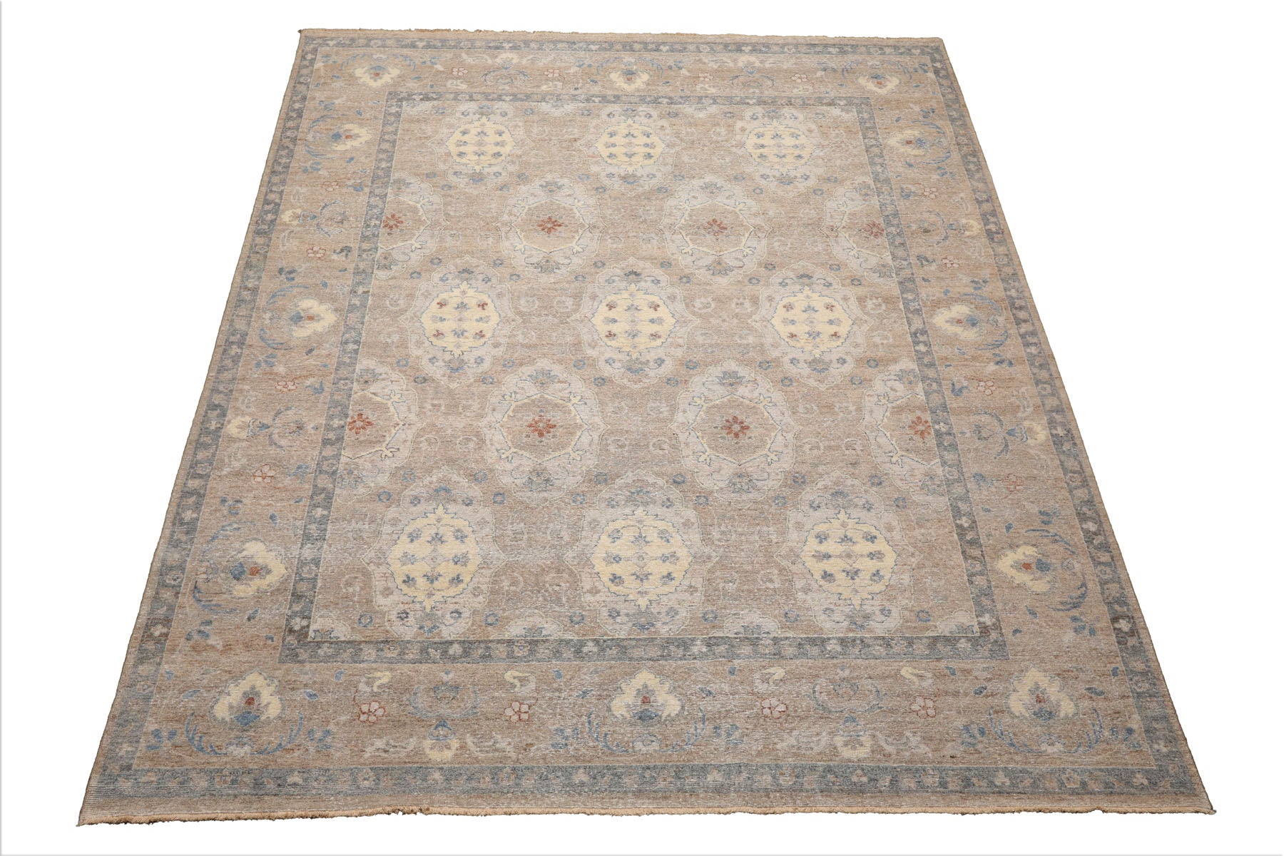 8x10 Tan, Beige, Slate Color Hand Knotted Distressed Wool Traditional Oriental Rug