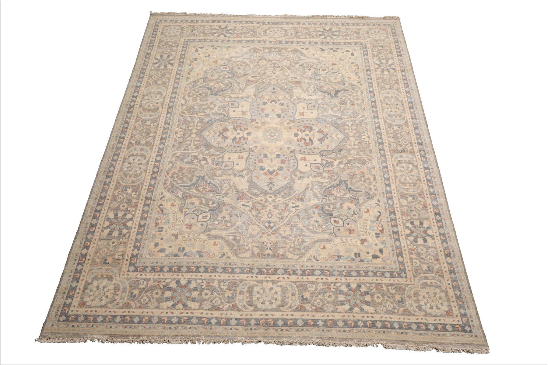 8x10 Khaki, Beige, Slate Color Hand Knotted Distressed Wool Traditional Oriental Rug