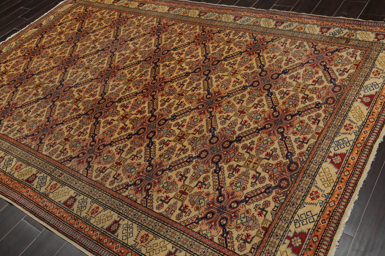 6x9 Tan, Light Gold, Salmon Color Hand Knotted All-Over 100% Wool Traditional Oriental Rug