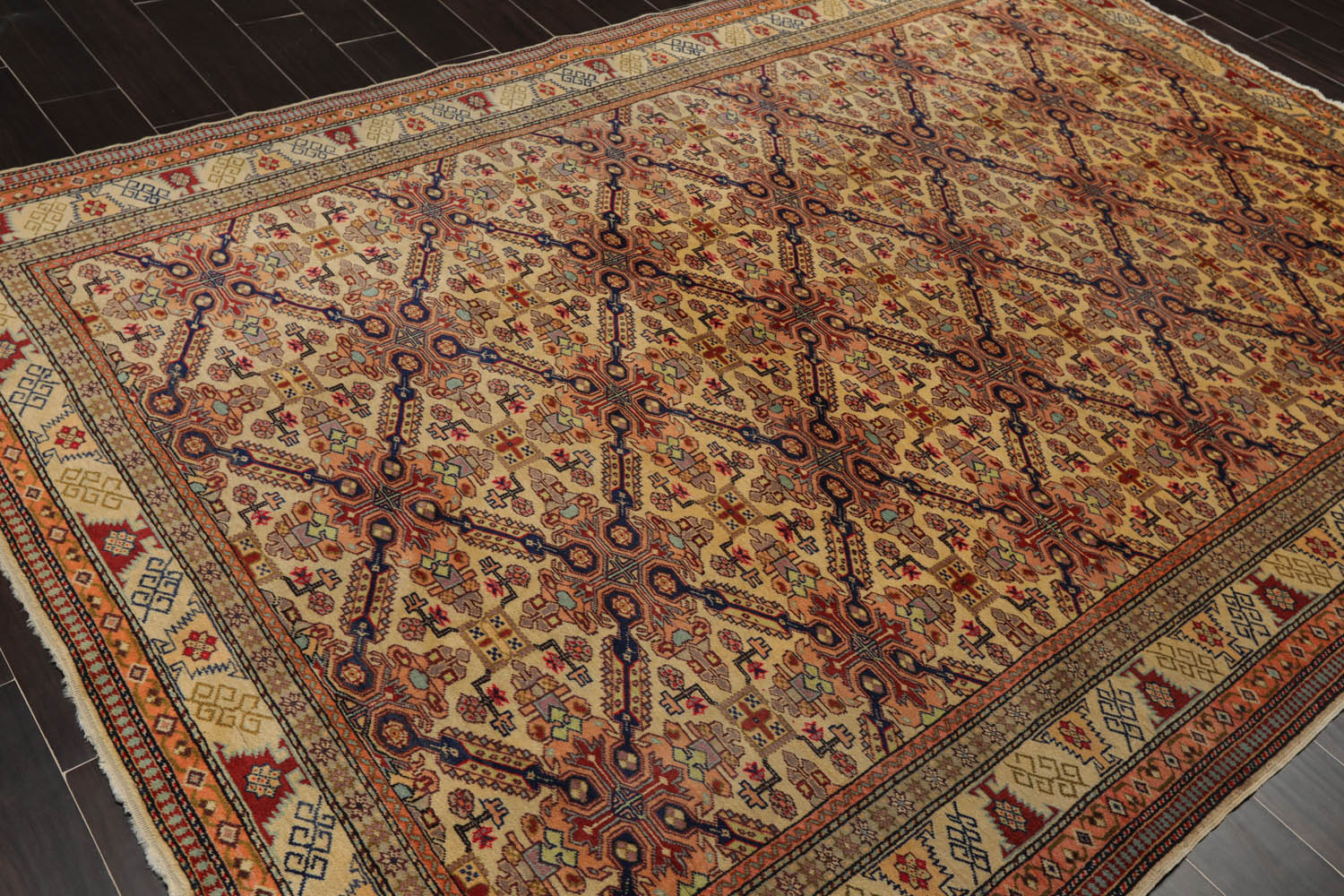 6x9 Tan, Light Gold, Salmon Color Hand Knotted All-Over 100% Wool Traditional Oriental Rug