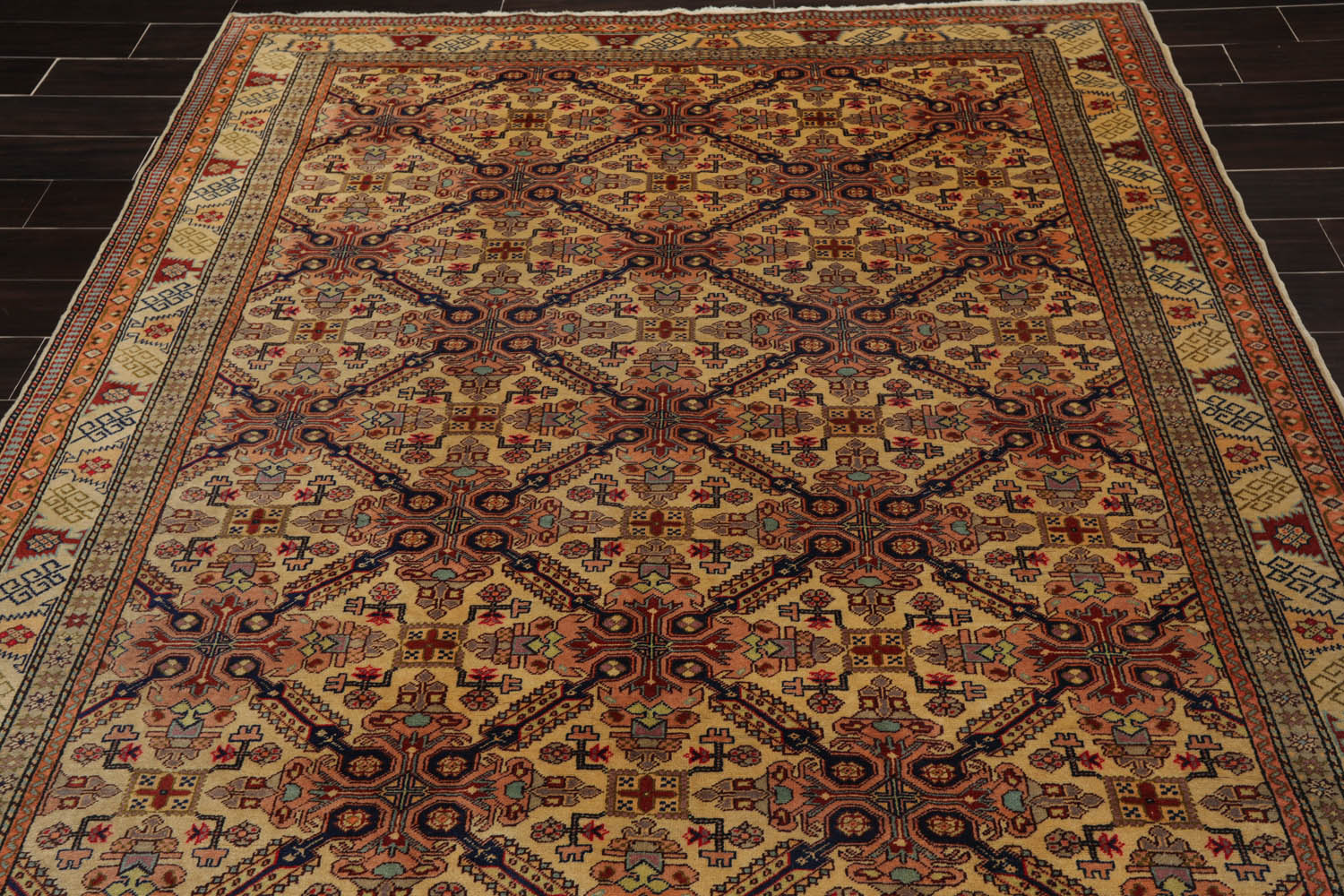 6x9 Tan, Light Gold, Salmon Color Hand Knotted All-Over 100% Wool Traditional Oriental Rug