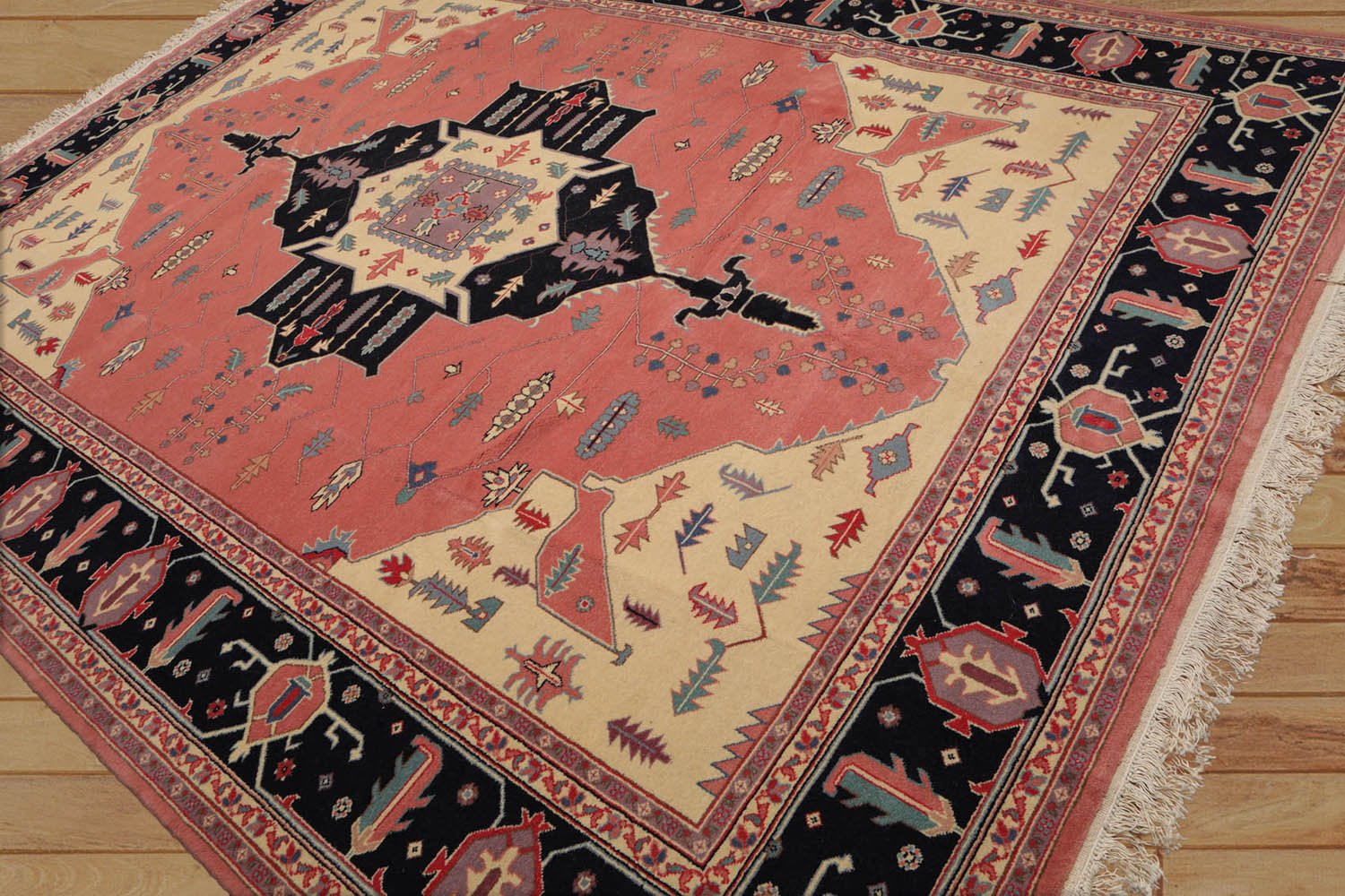 9x12 Rose, Midnight Blue, Ivory Color Hand Knotted Medallion 100% Wool Traditional-Persian/Oriental Oriental Rug