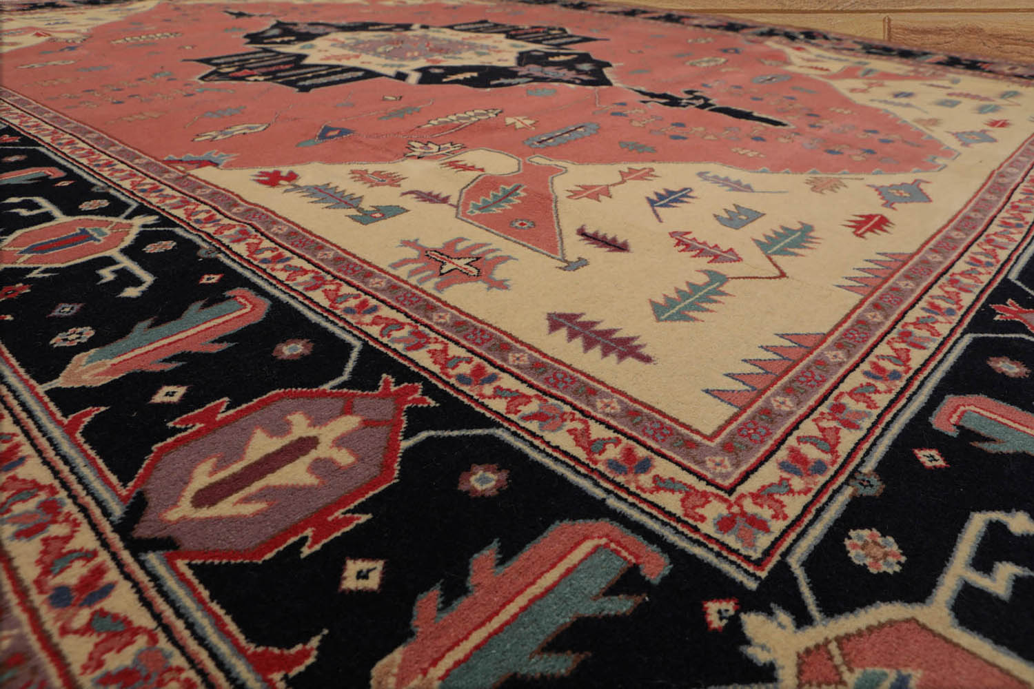 9x12 Rose, Midnight Blue, Ivory Color Hand Knotted Medallion 100% Wool Traditional-Persian/Oriental Oriental Rug