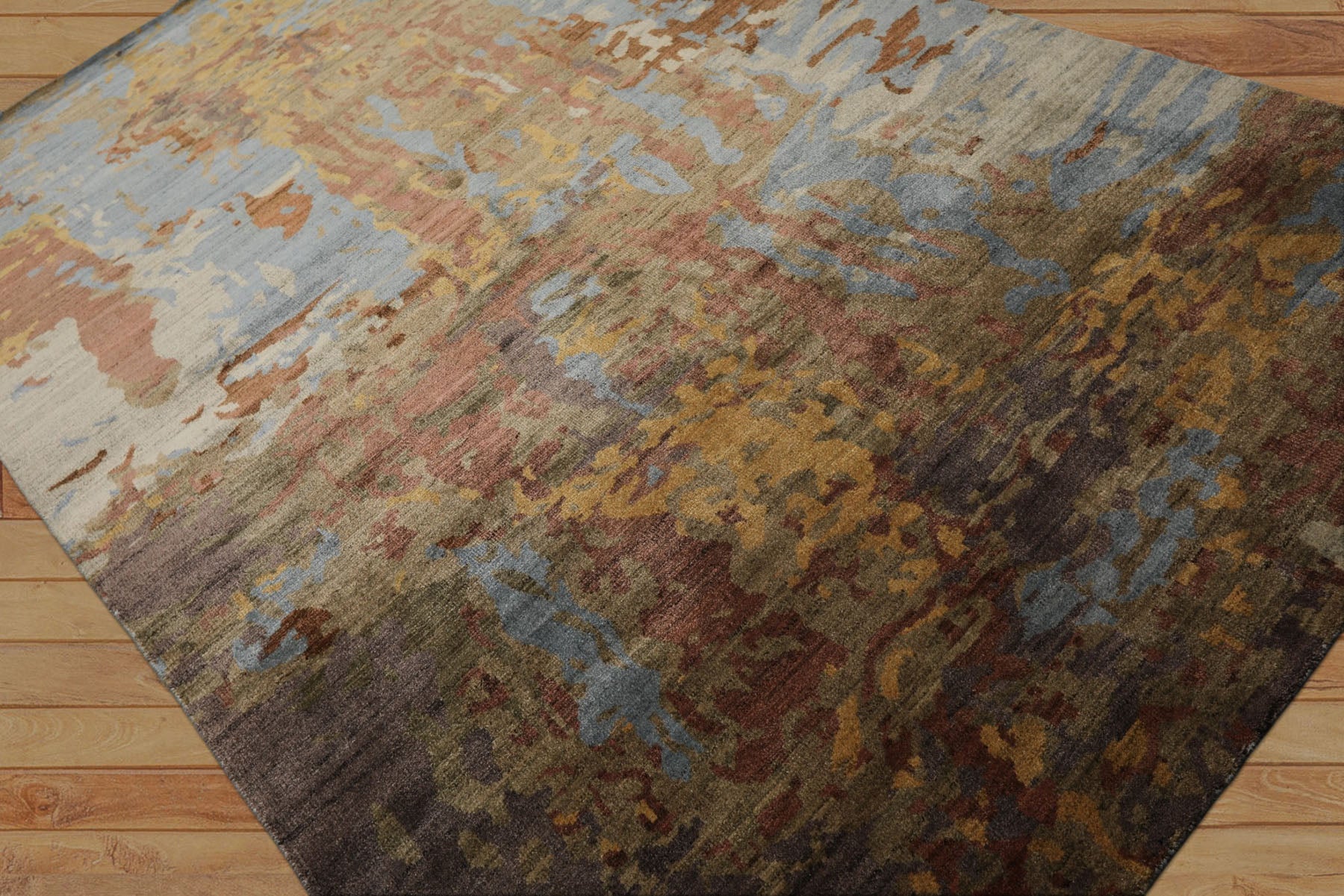 6x9 Blue, Gold, Rust Color Hand Loomed Sherpa Wool & Bamboo Silk Modern Oriental Rug