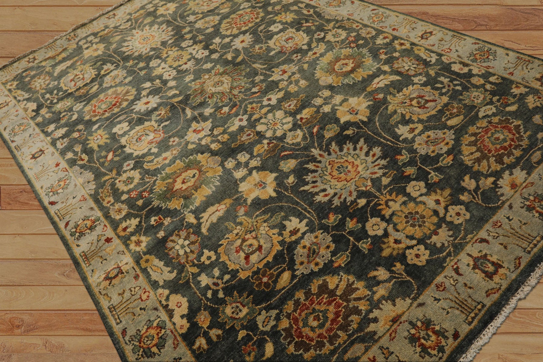 6x9 Green, Beige, Gold Color Hand Knotted Fine Oushak Wool Traditional Oriental Rug
