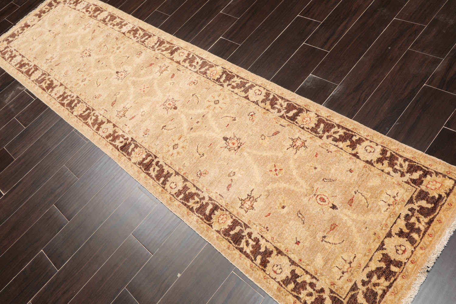 Runner Wheat, Brown, Beige Color Hand Knotted All-Over 100% Wool Traditional Oriental Rug