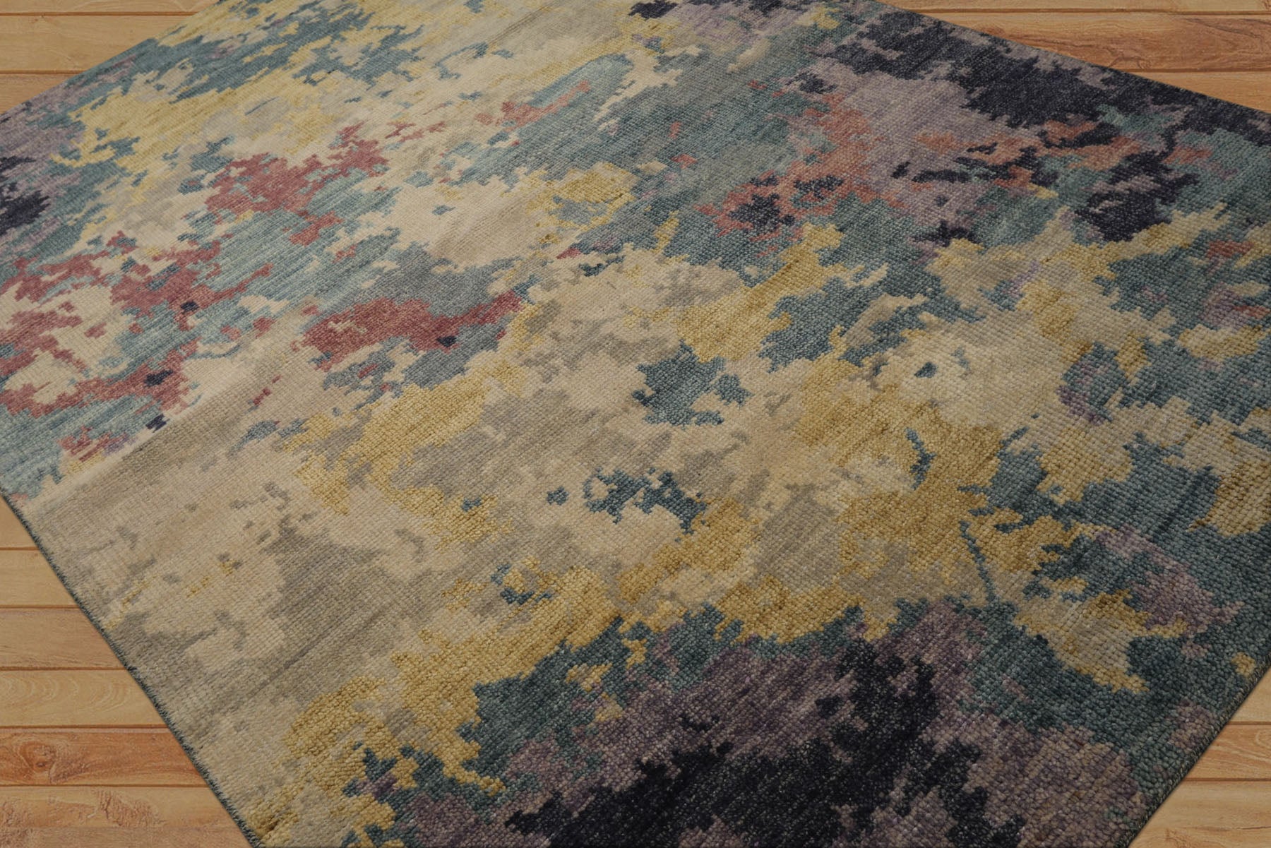 6x9 Beige, Turquoise, Rose Color Hand Knotted Oushak Wool Modern Oriental Rug