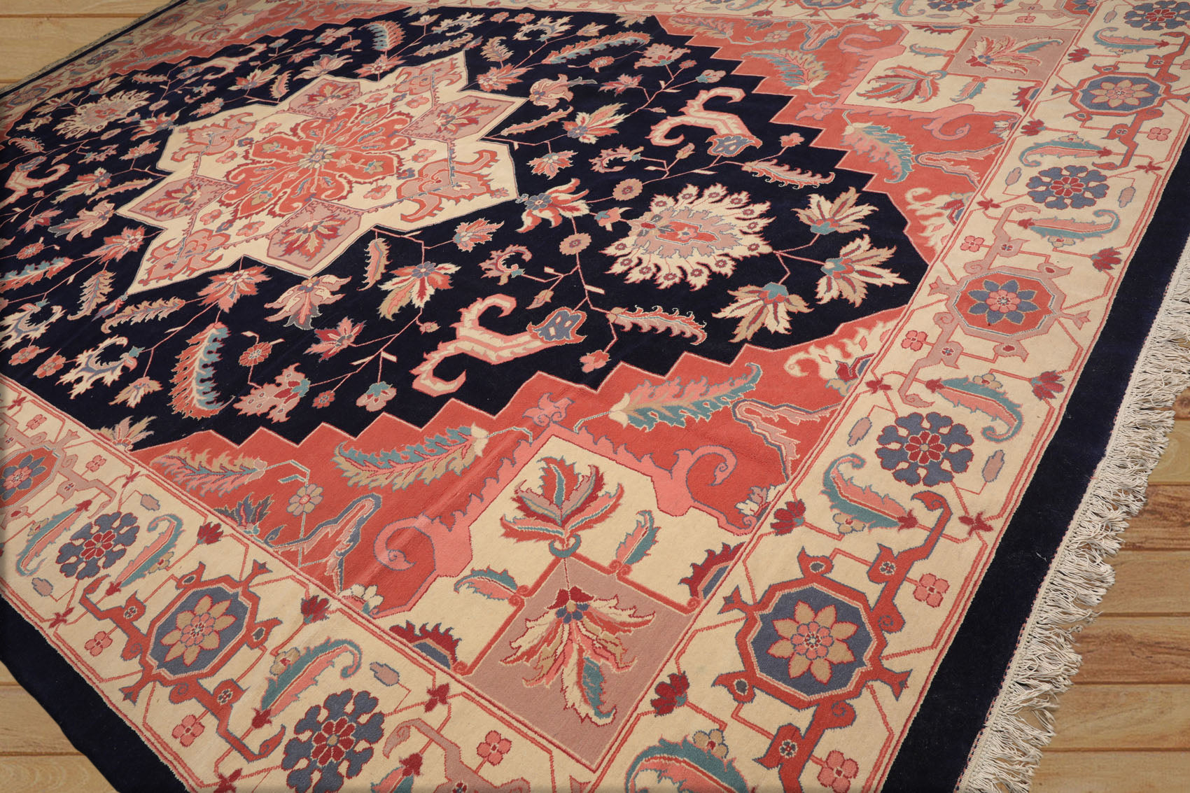 Palace Navy, Peach, Ivory Color Hand Knotted All-Over 100% Wool Traditional Oriental Rug